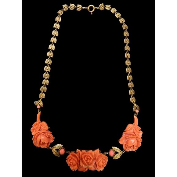 Antique Czech Molded Celluloid and Detailed Brass Necklace (A4872)